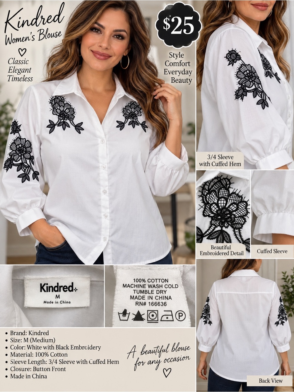 Women's White Button-Front Blouse with Black Embroidery